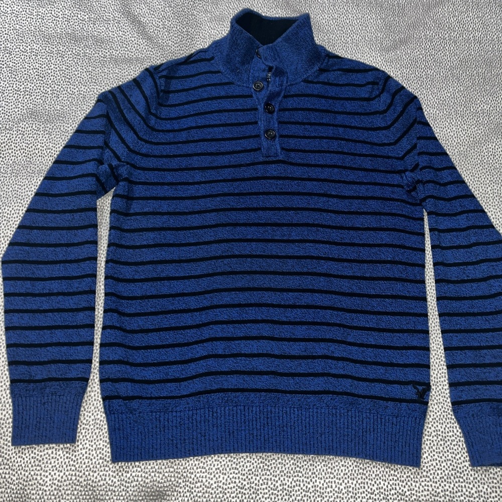American Eagle Sweater Mens Size Small Blue Dark Striped Collared‎ Classic Fit